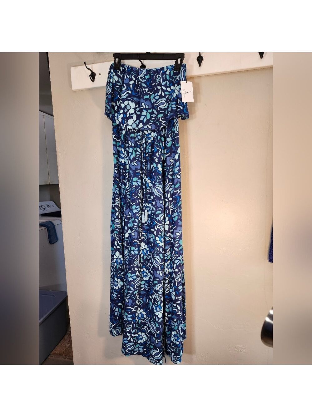 Japna Off The Shoulder Blue and Green Patterned Maxi Dress NWT Sz M